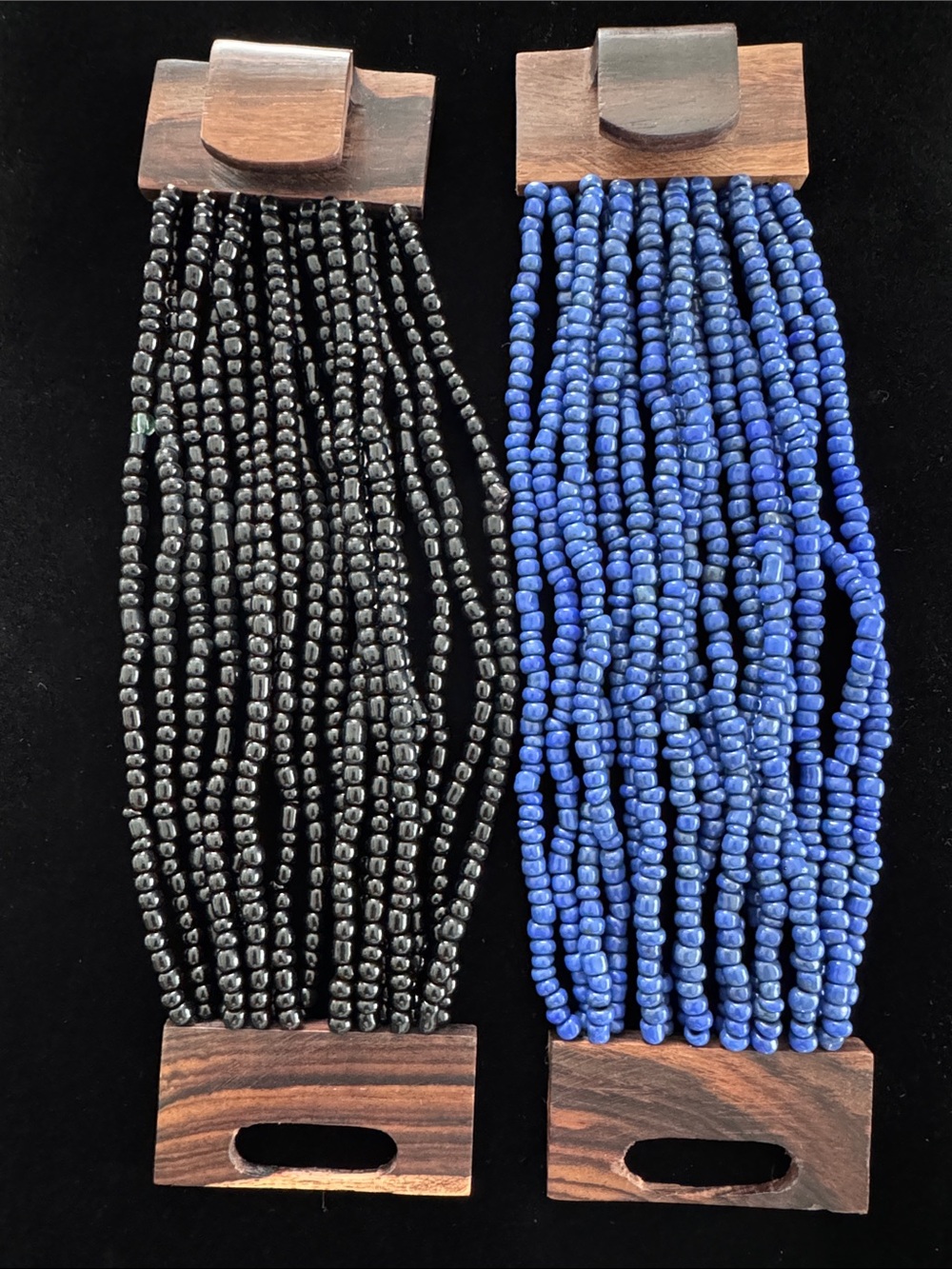 Bundle of 2 Bohemian Multi-Strand Beaded Wood Bracelets — Black & Blue